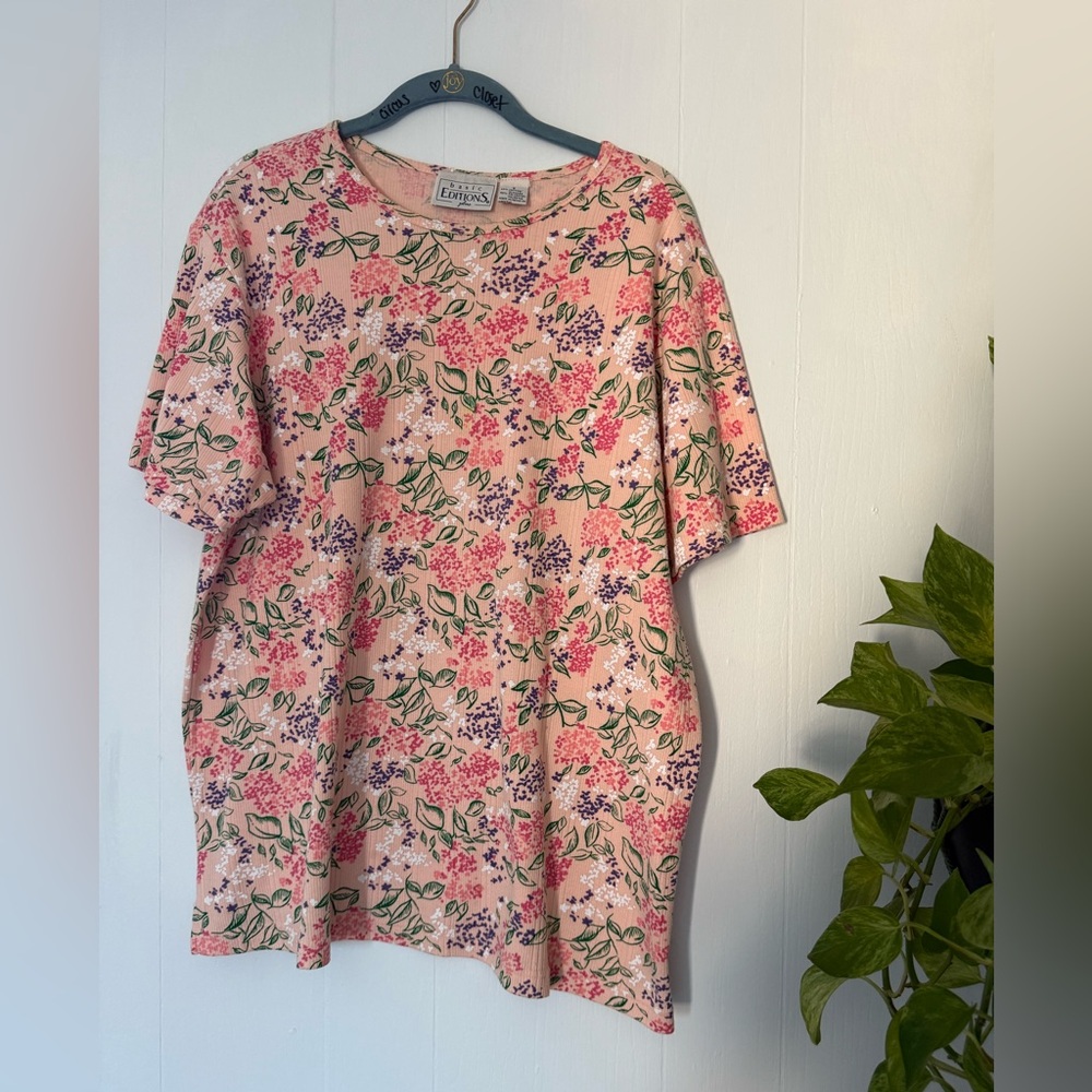Vintage 90s Plus Pastel Pink Hyacinth Floral Oversized Top Cottage Whimsy Spring